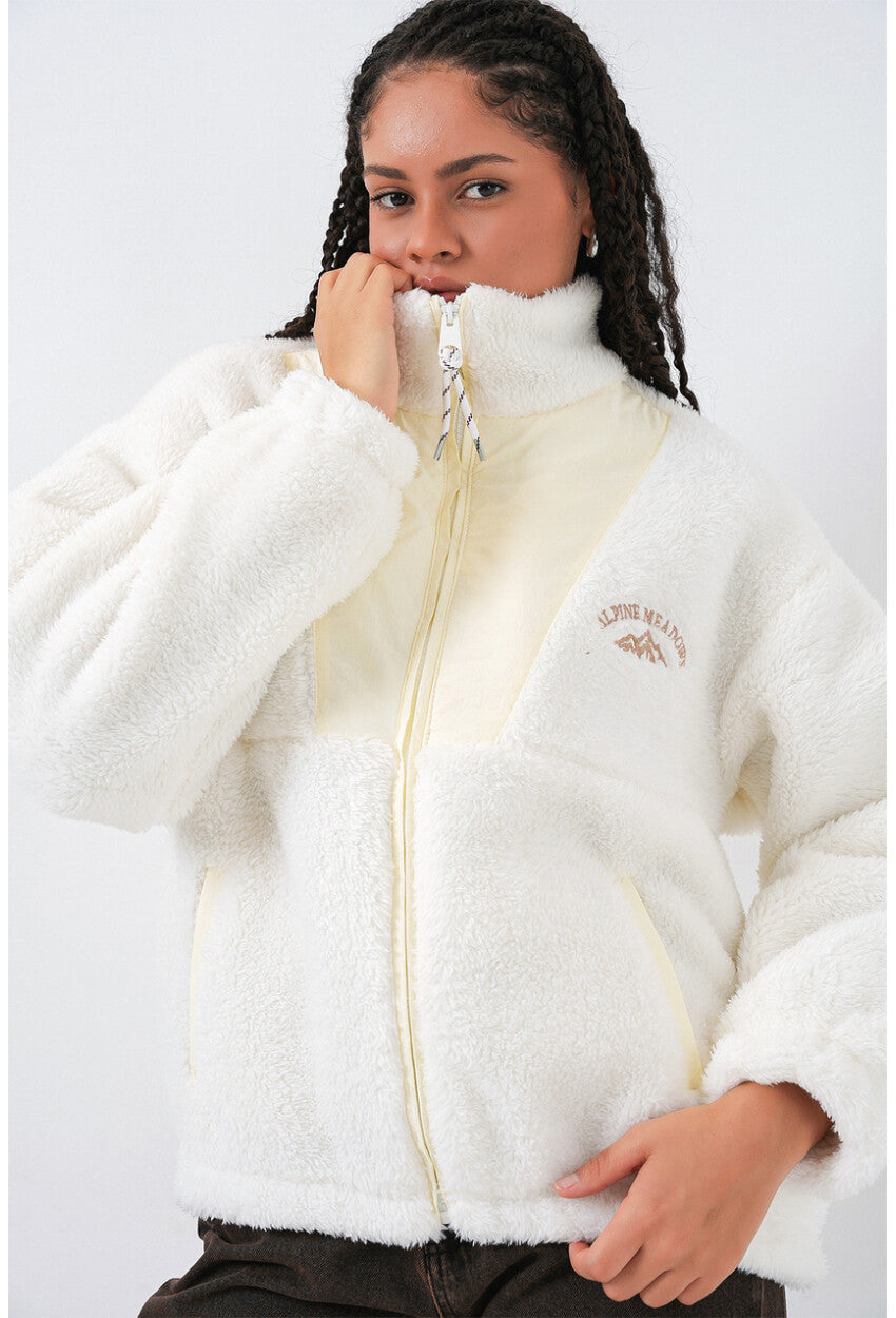 5194 Fermuarlı Ekru Peluş Ceket