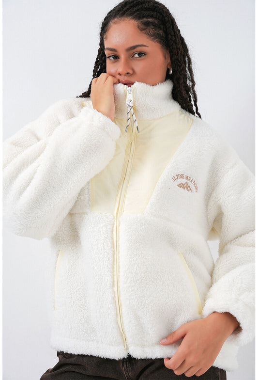 5194 Fermuarlı Ekru Peluş Ceket