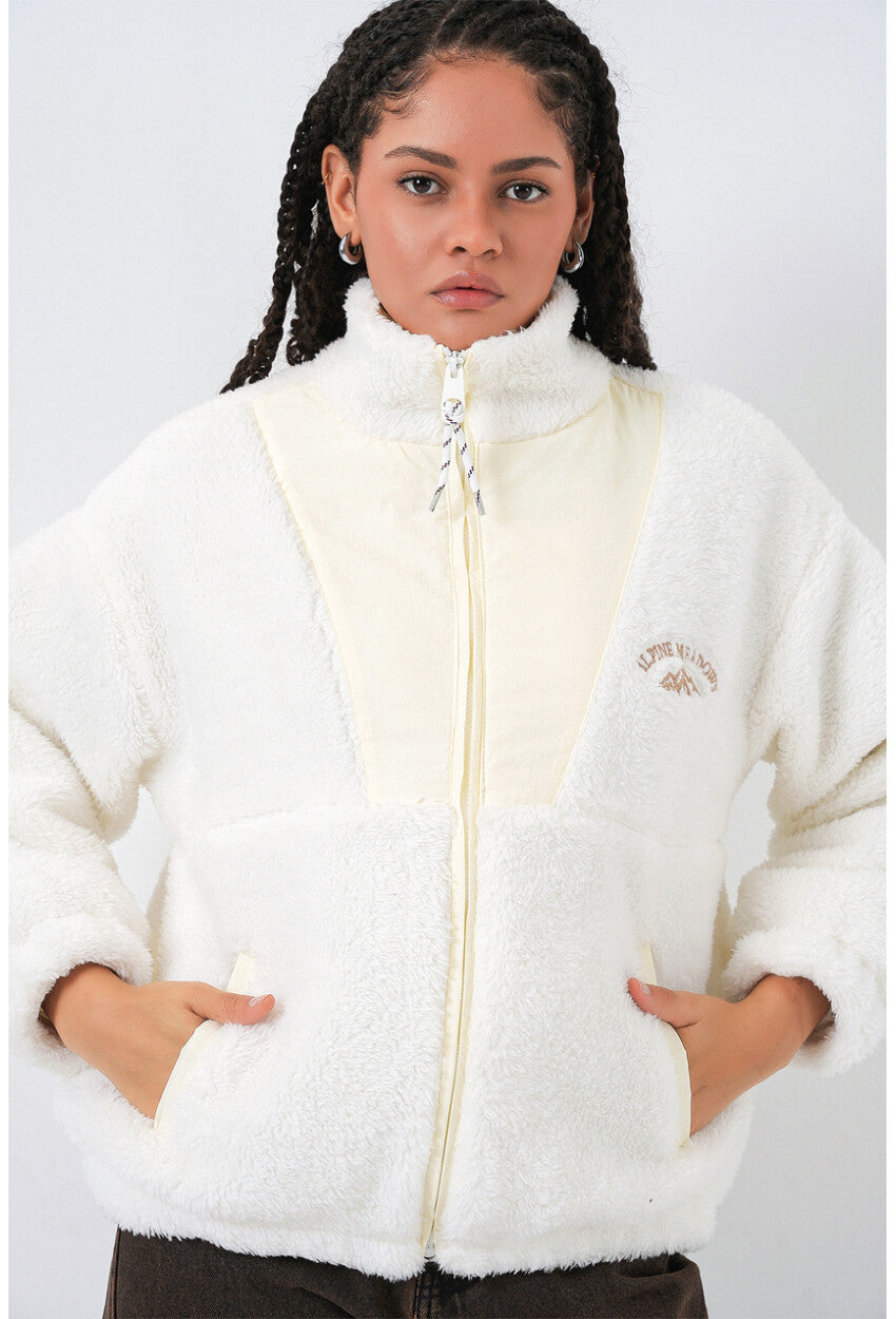 5194 Fermuarlı Ekru Peluş Ceket