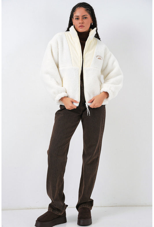 5194 Fermuarlı Ekru Peluş Ceket