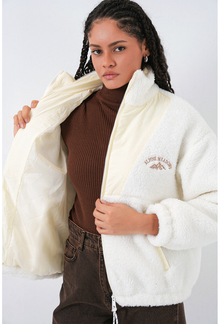 5194 Fermuarlı Ekru Peluş Ceket