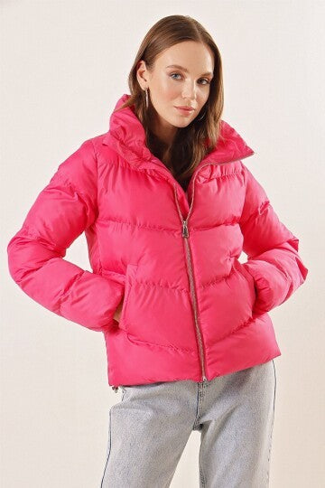 Stend yoqasi fermuarli puffer ko'ylagi - Fuchsia 5205