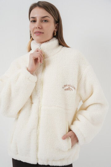 Kadın Oversize Peluş Ceket Mont - Ekru 5212