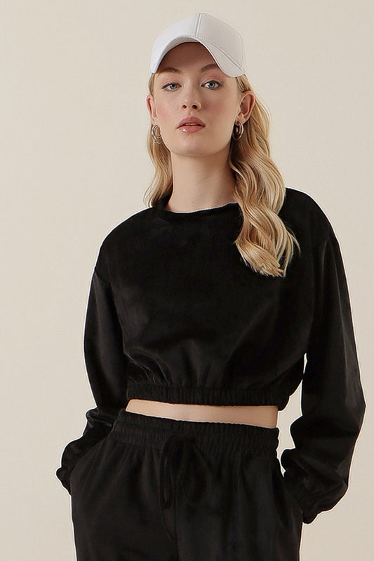 Kadife Crop Bluz - Siyah 55392