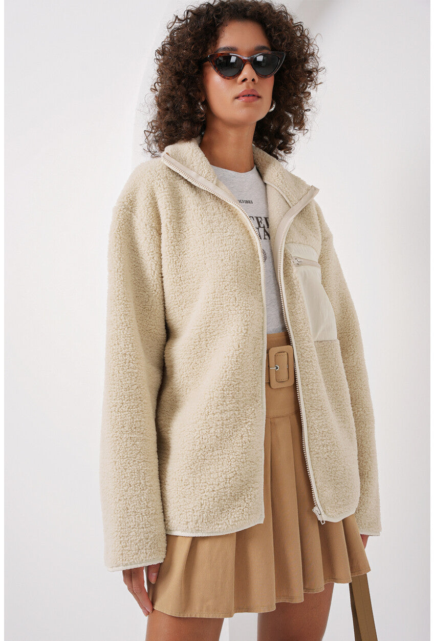 55446 Fermuarlı Oversize Peluş Ceket