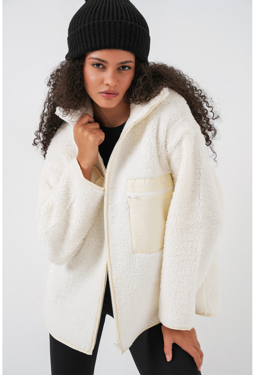 55446 Fermuarlı Oversize Peluş Ceket Mont