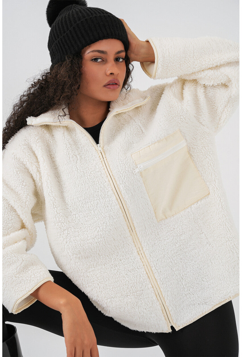 55446 Fermuarlı Oversize Peluş Ceket Mont