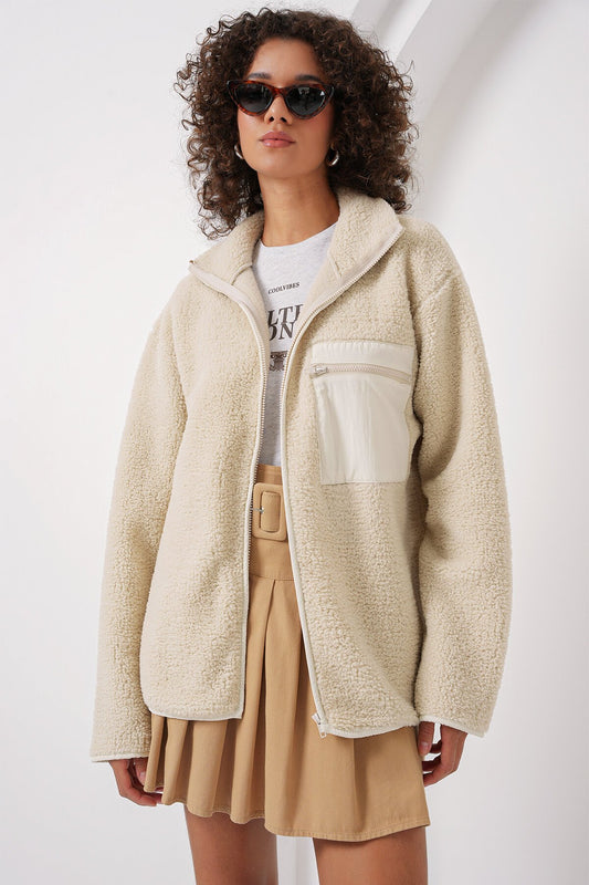 Merterium 55446 Fermuarlı Oversize Peluş Ceket Mont - Krem