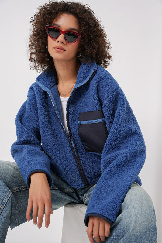 Merterium 55446 Fermuarlı Oversize Peluş Ceket - Saks