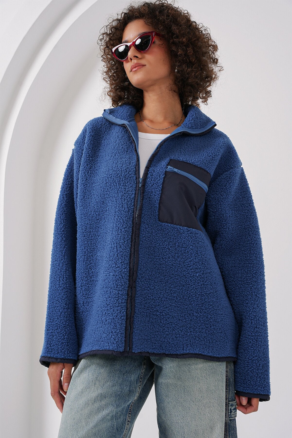 Merterium 55446 Fermuarlı Oversize Peluş Ceket - Saks