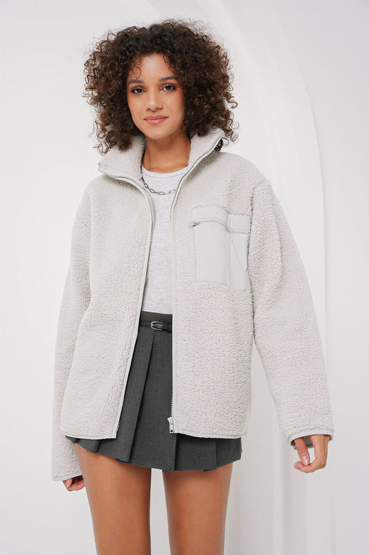Merterium 55446 Fermuarlı Oversize Peluş Ceket - Taş
