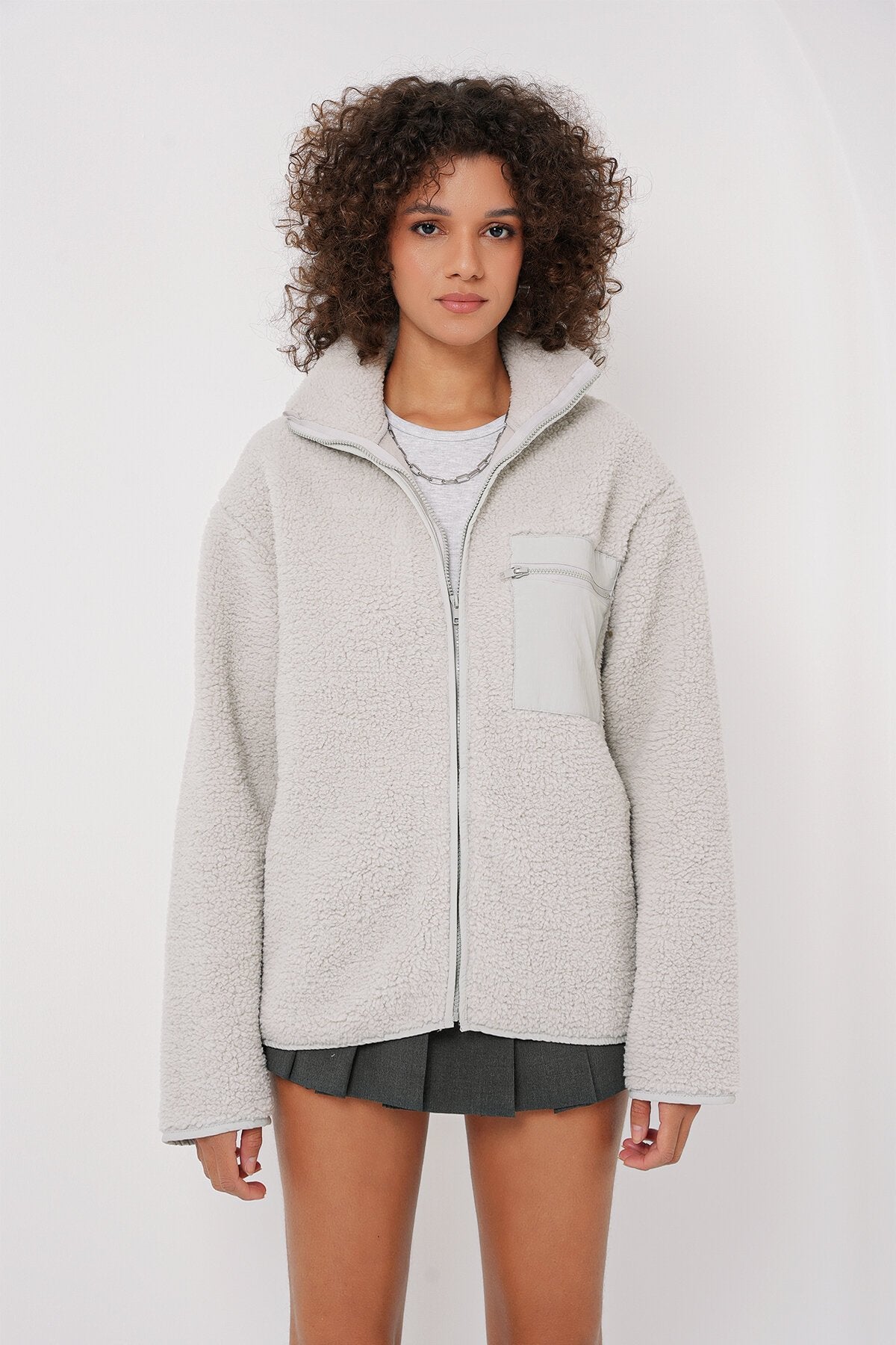 Merterium 55446 Fermuarlı Oversize Peluş Ceket - Taş