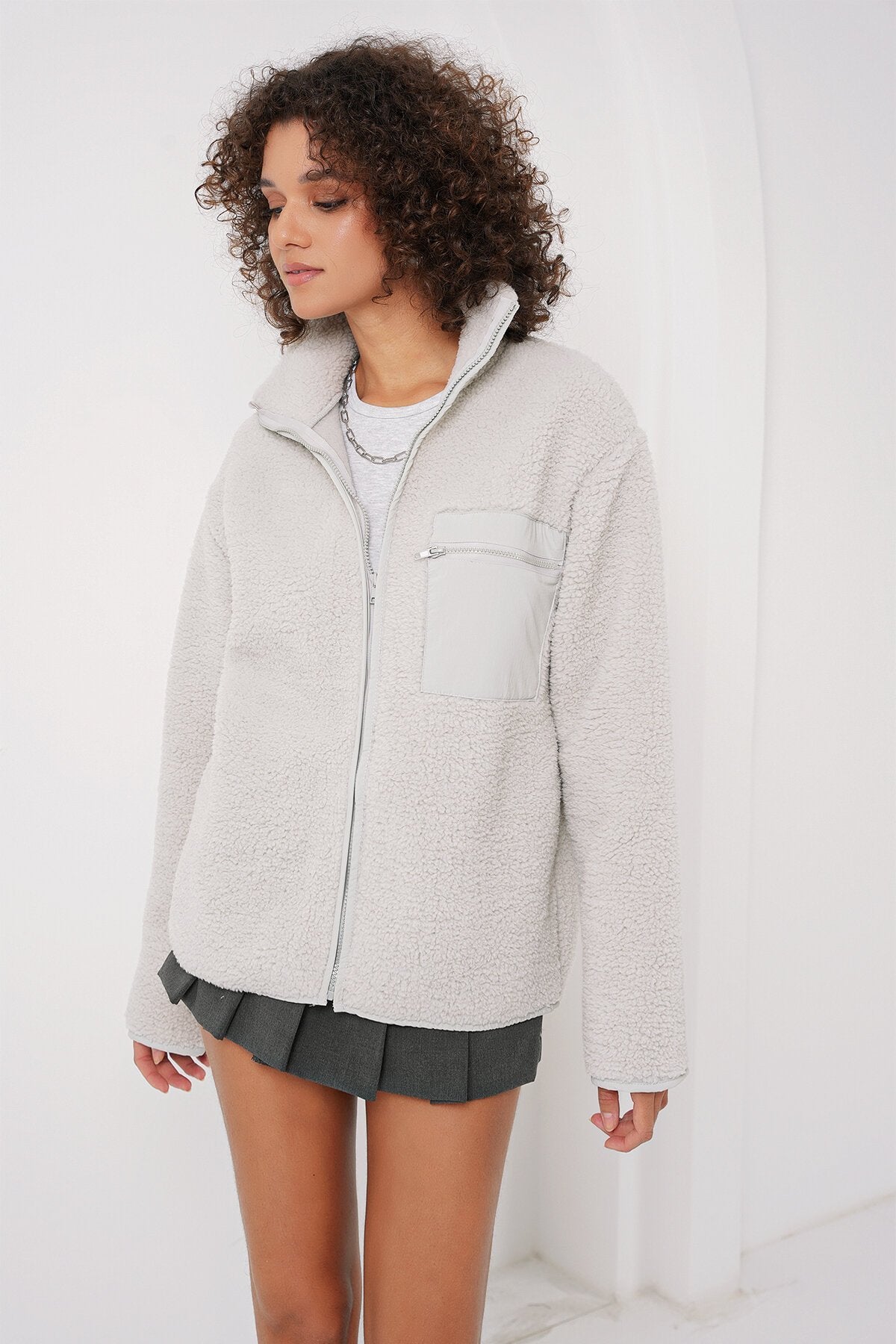 Merterium 55446 Fermuarlı Oversize Peluş Ceket - Taş