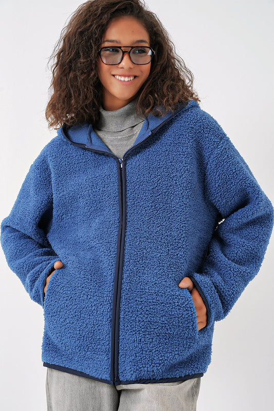 Merterium 55456 Kadın Kapüşonlu Oversize Peluş Ceket - Saks