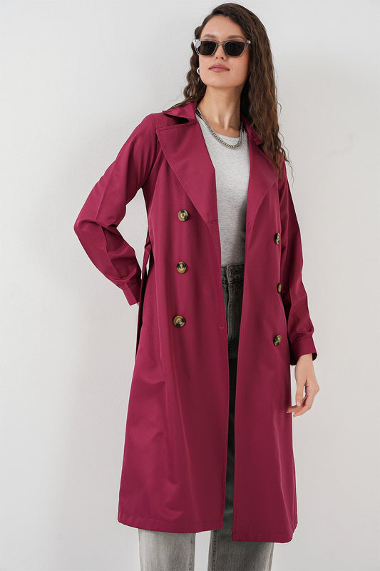 Merterium 5853 Kruvaze Yaka Trençkot - Bordo