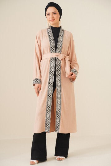 Nakışlı Örme Uzun Kimono - Bisküvi 5865