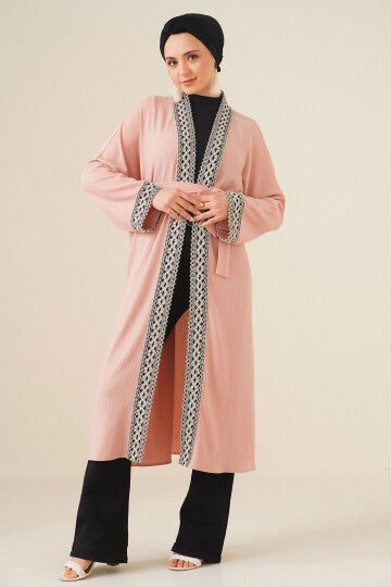 Nakışlı Örme Uzun Kimono - Pudra 5865