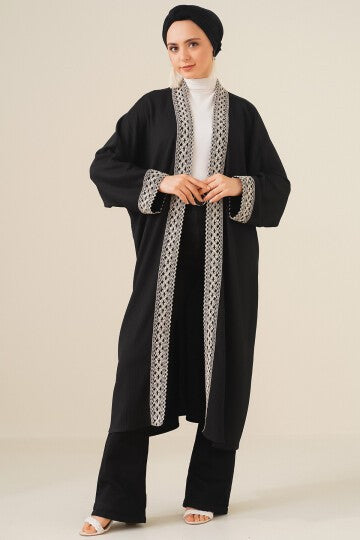 Nakışlı Örme Uzun Kimono - Siyah 5865