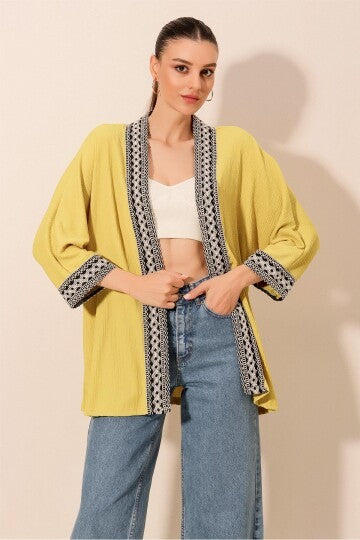 Nakışlı Örme Kimono - A.Sarı 5866