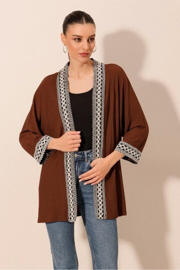 Nakışlı Örme Kimono - Kahverengi 5866