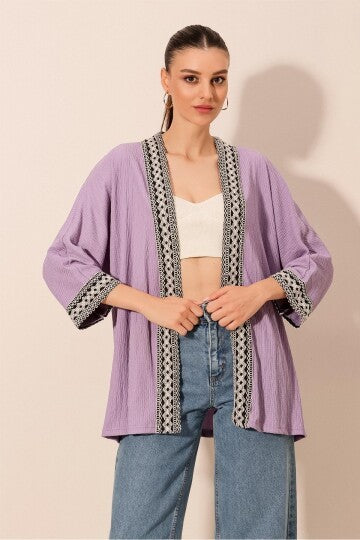 Nakışlı Örme Kimono - Lila 5866