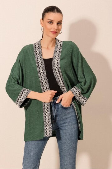 Nakışlı Örme Kimono - Zümrüt Yeşili 5866