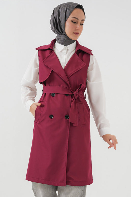 Merterium 5911 Kruvaze Yaka Trençkot Yelek - Bordo