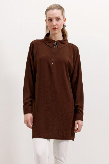 Merterium 5917 Fermuarlı Oversize Tunik - Kahverengi