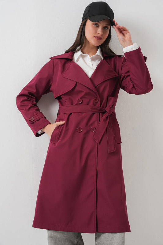 Merterium 5918 Kruvaze Yaka Trençkot - Bordo