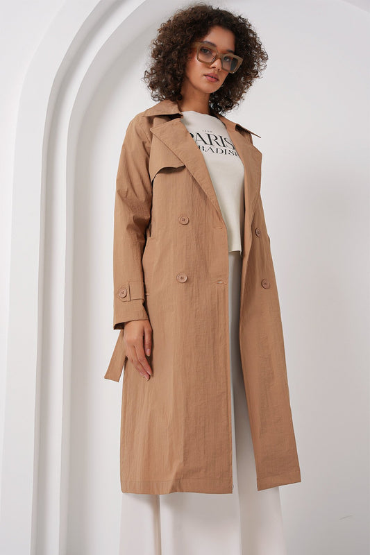 Merterium 5938 Kruvaze Yaka Trençkot - Camel