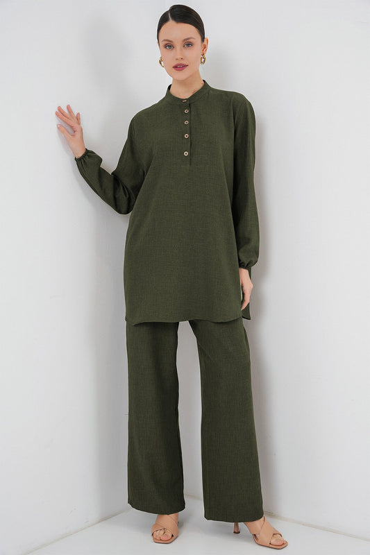 Merterium 6678 Keten Tunik Pantolon İkili Takım - Haki
