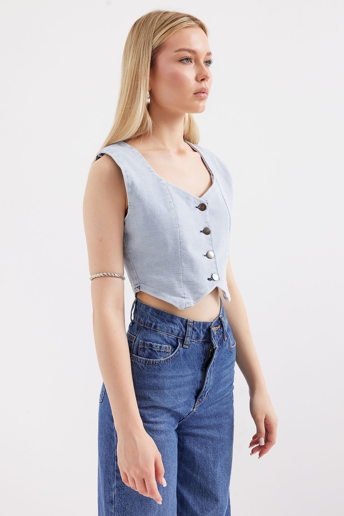 Crop Kot Yelek - Mavi 6797