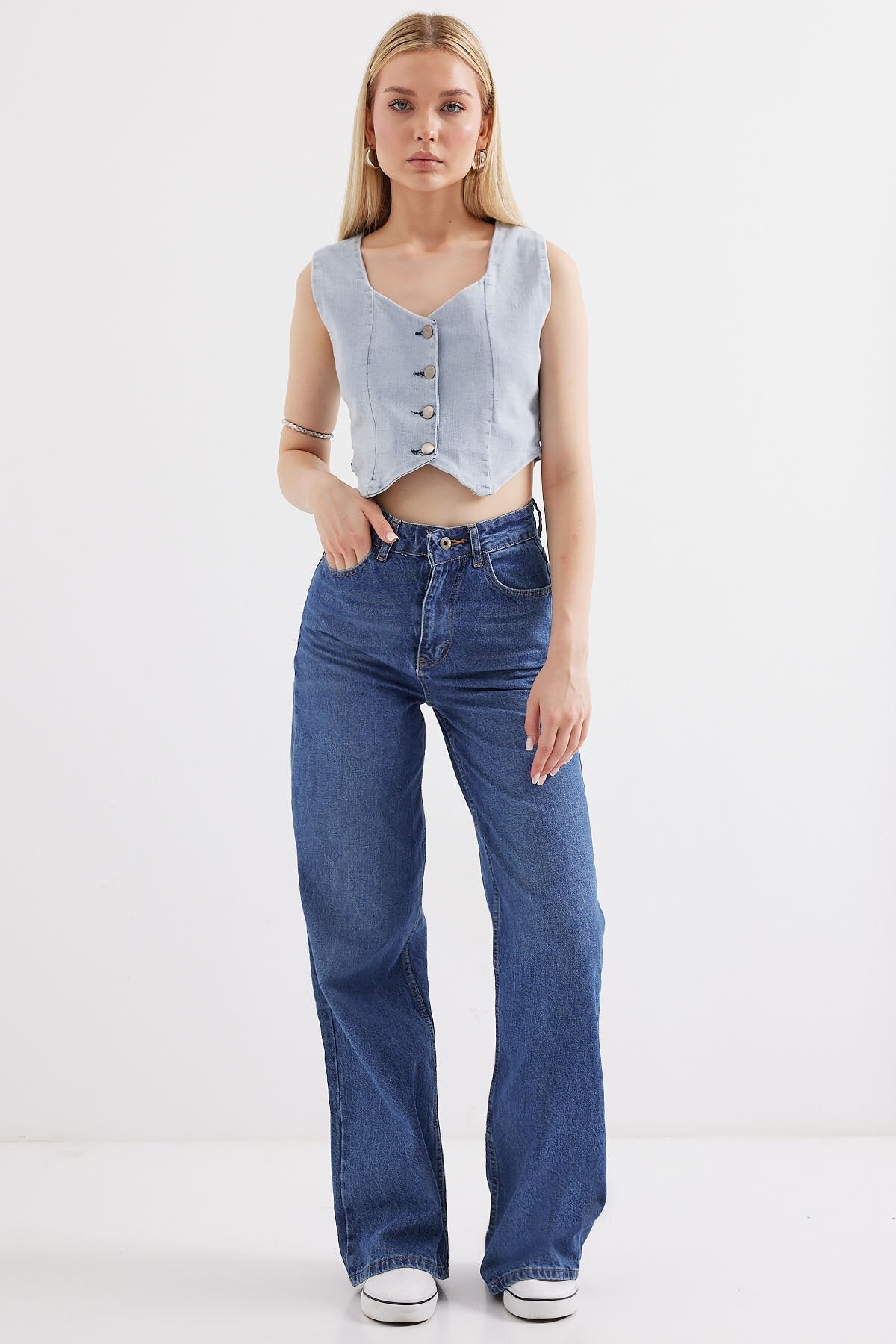 Crop Kot Yelek - Mavi 6797