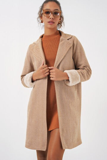 Balık Sırtı Kaşe Kaban - Camel 9085