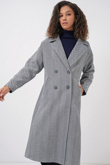 Oversize Geniş Kesim Yünlü Uzun Kaşe Kaban - F.Lacivert 9113