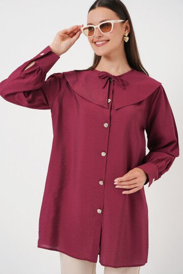 Merterium Kadın Bebe Yaka Uzun Tunik 5967 - Bordo