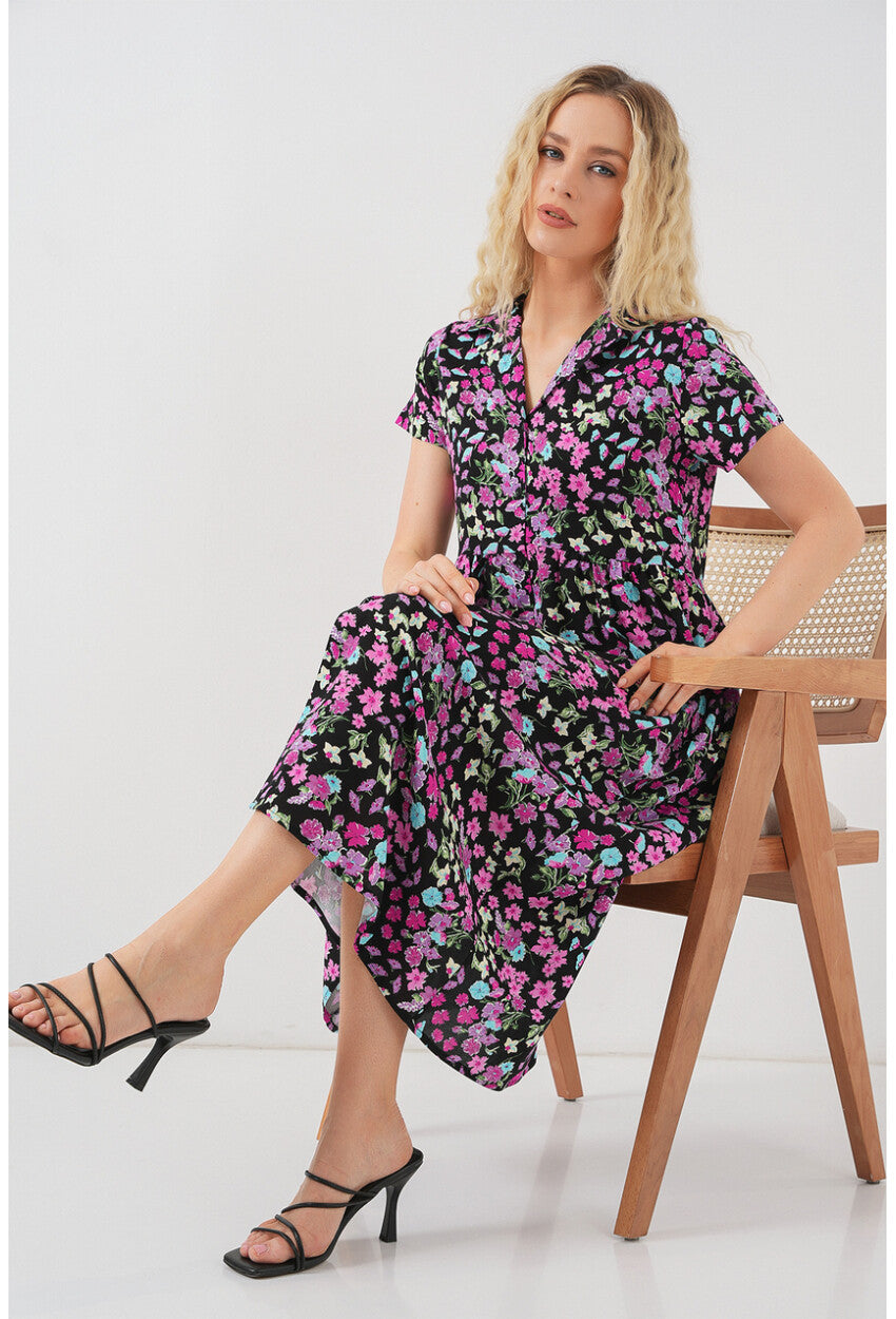 Kadın Boydan Düğmeli Kısa Kol Çiçekli Elbise 2561