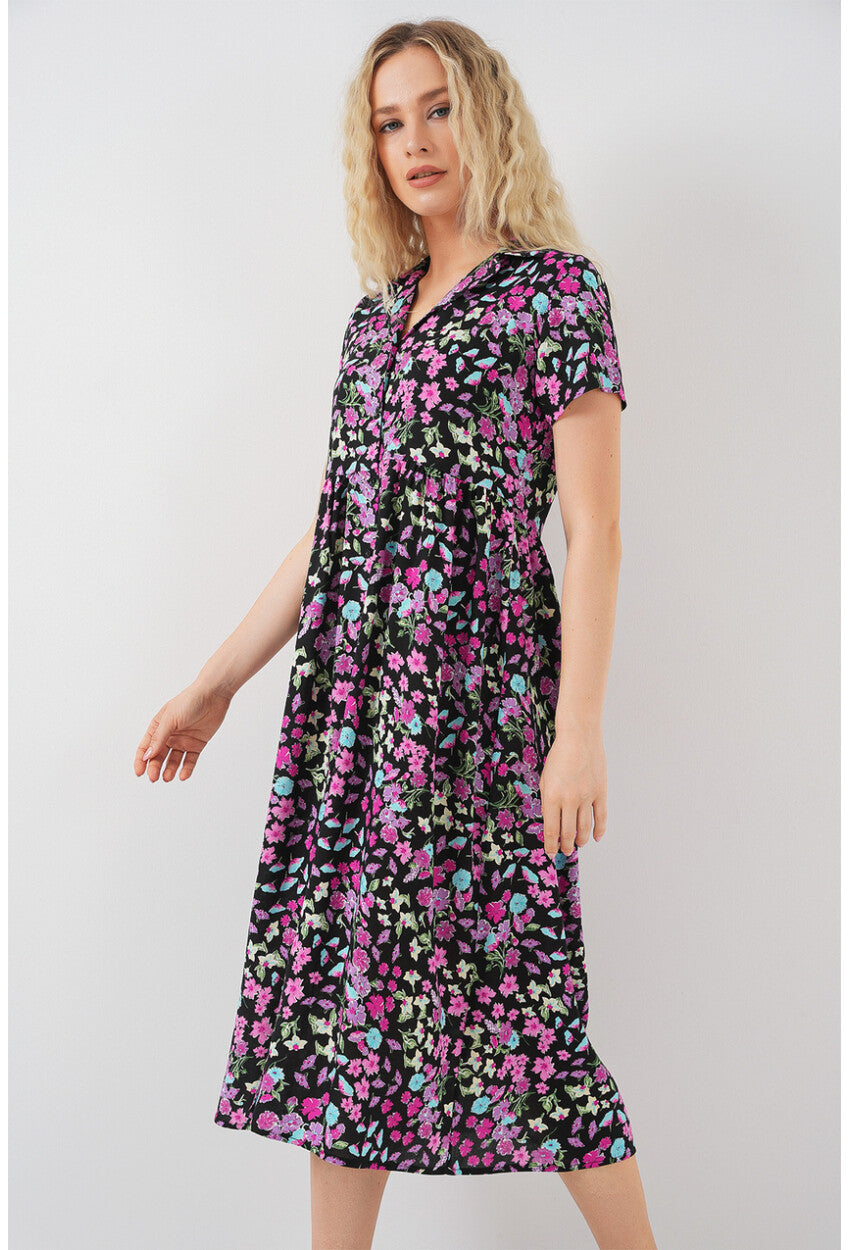 Kadın Boydan Düğmeli Kısa Kol Çiçekli Elbise 2561