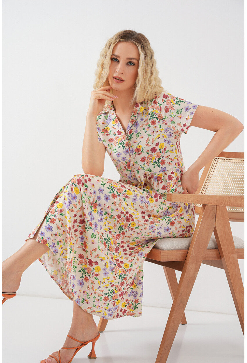 Kadın Boydan Düğmeli Kısa Kol Çiçekli Elbise 2561