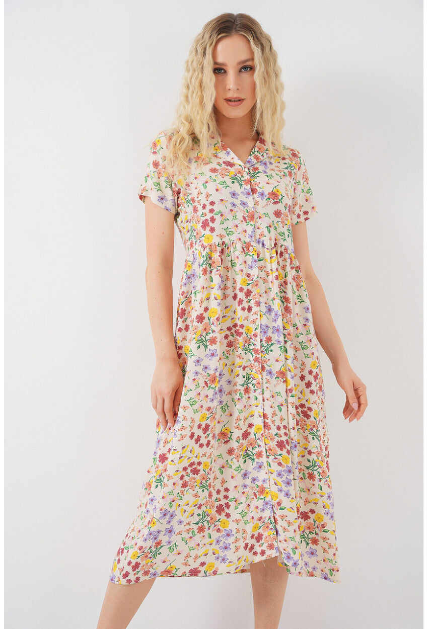 Kadın Boydan Düğmeli Kısa Kol Çiçekli Elbise 2561