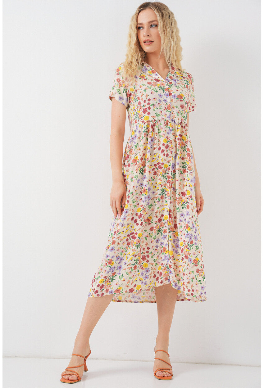 Kadın Boydan Düğmeli Kısa Kol Çiçekli Elbise 2561