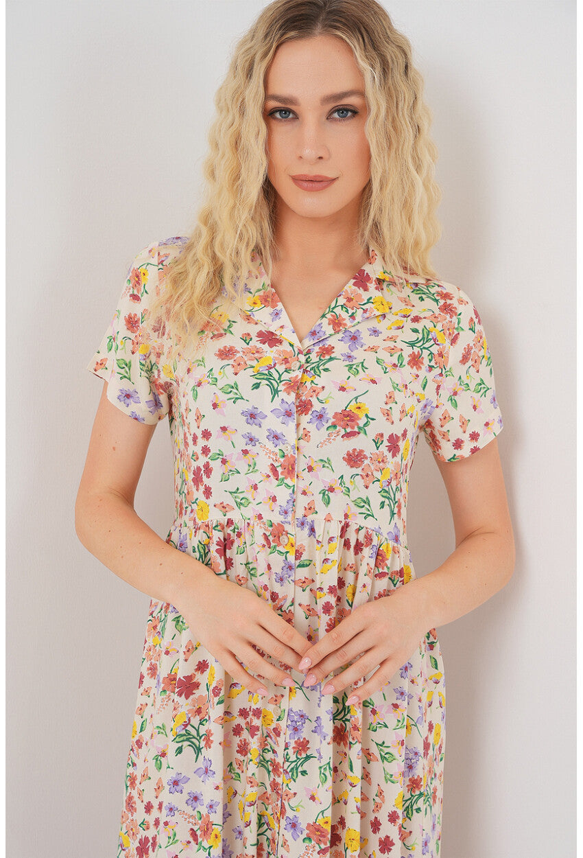 Kadın Boydan Düğmeli Kısa Kol Çiçekli Elbise 2561