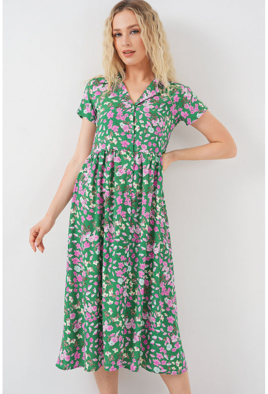 Kadın Boydan Düğmeli Kısa Kol Çiçekli Elbise 2561