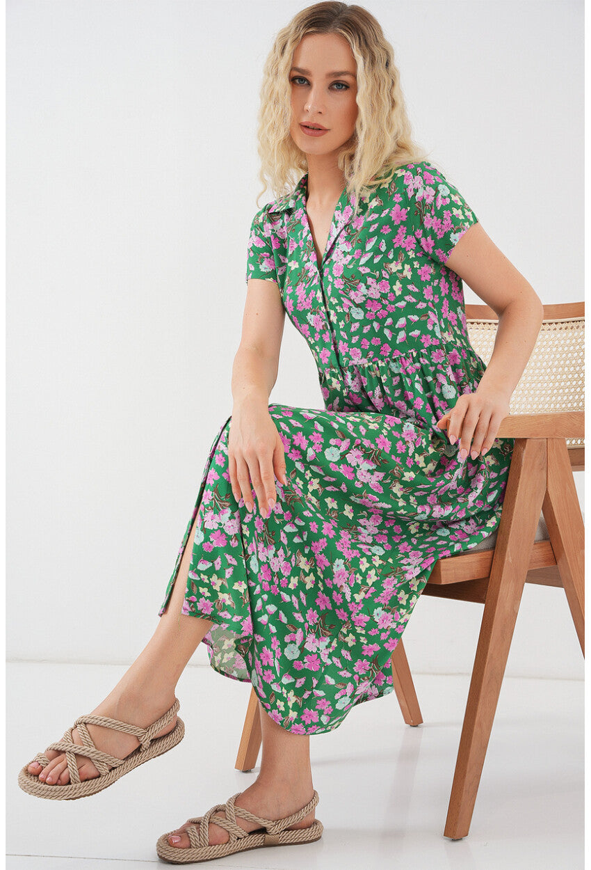 Kadın Boydan Düğmeli Kısa Kol Çiçekli Elbise 2561