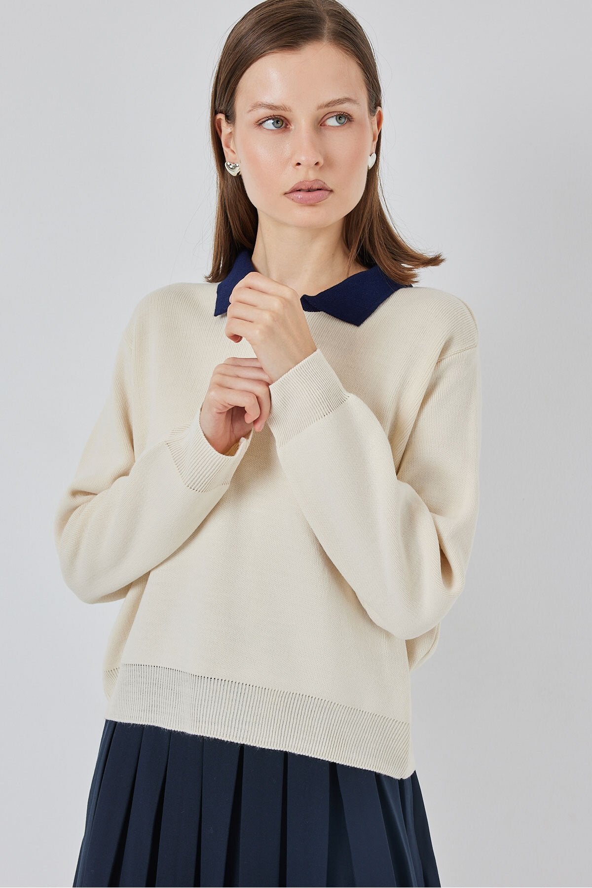Kadın Crop Triko Kazak 15936 - Krem