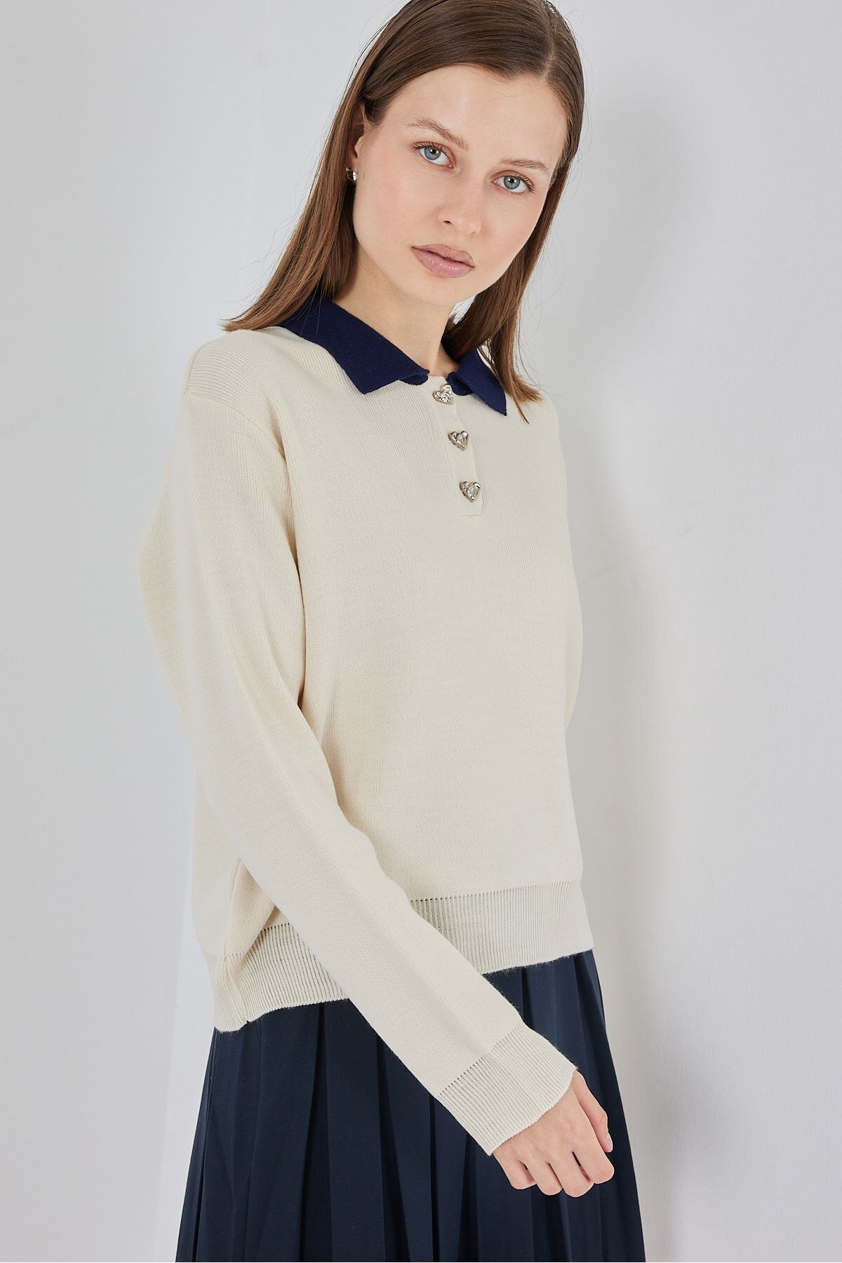 Kadın Crop Triko Kazak 15936 - Krem