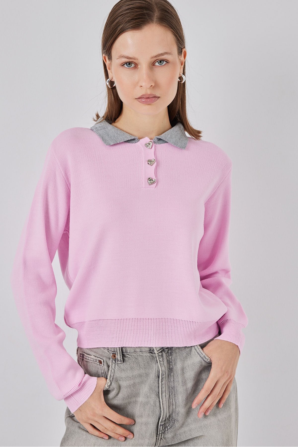 Kadın Crop Triko Kazak 15936 - Pembe