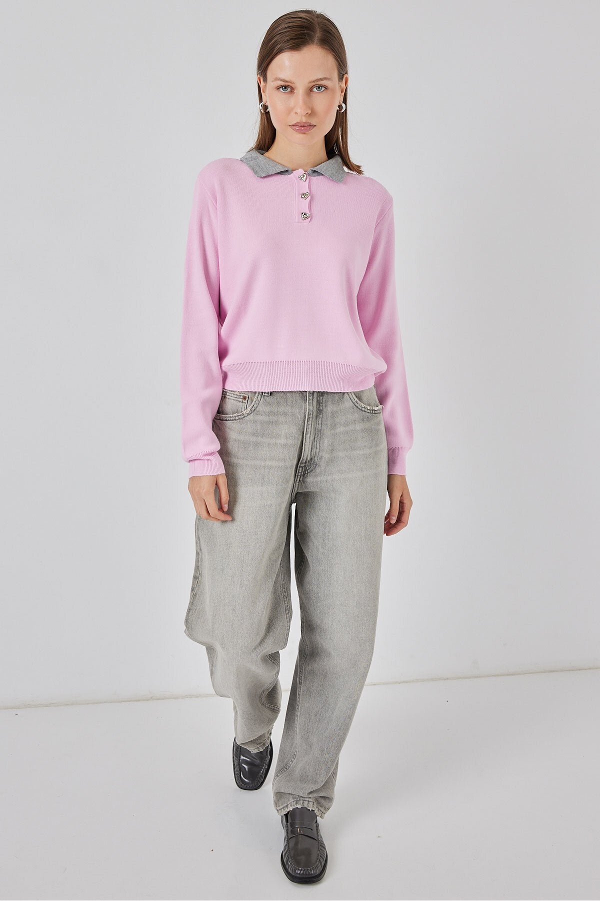 Kadın Crop Triko Kazak 15936 - Pembe