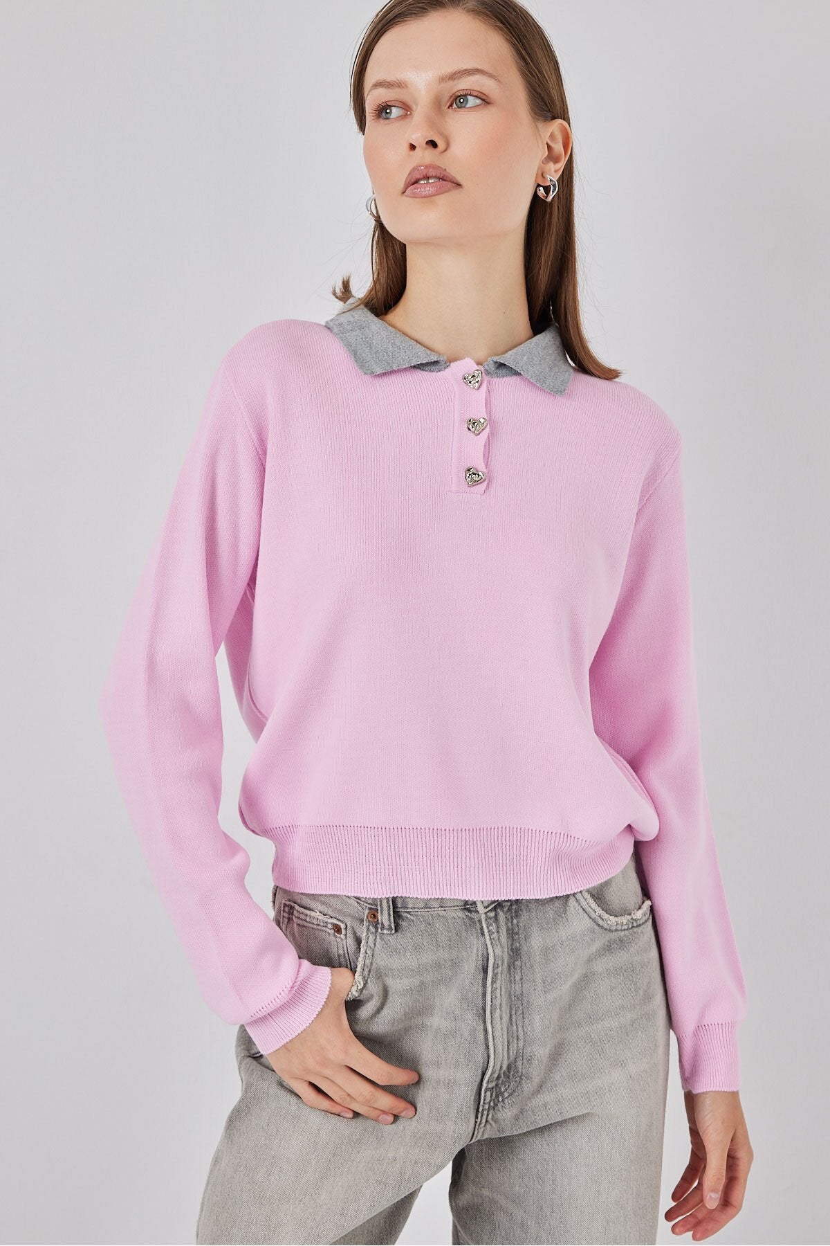Kadın Crop Triko Kazak 15936 - Pembe