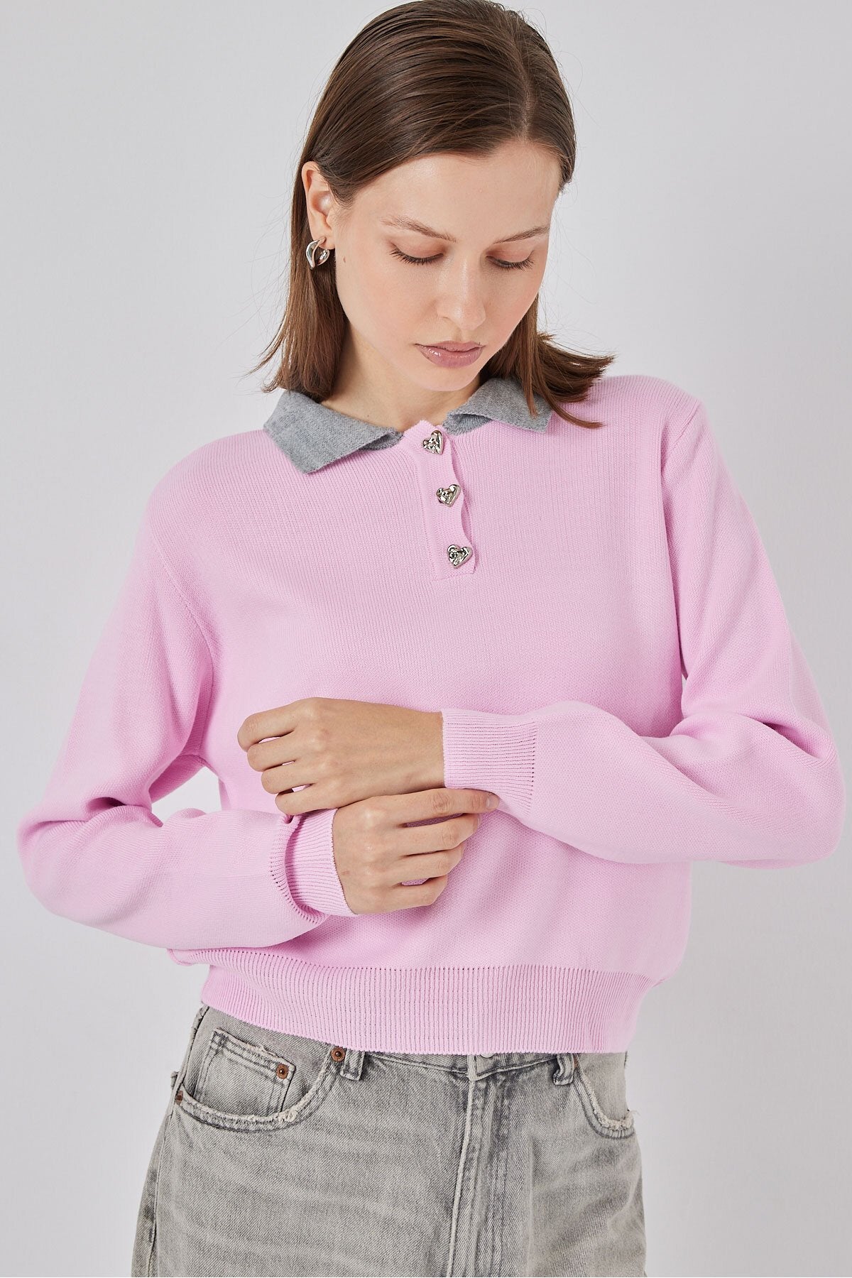 Kadın Crop Triko Kazak 15936 - Pembe